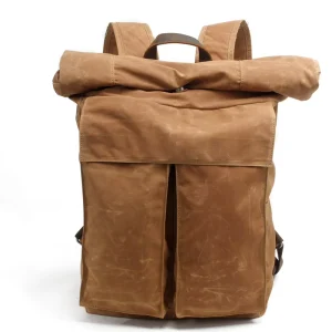 Men’s Vintage Backpack Oil Waxed Canvas with Cowhide Rucksack Large Capacity Outdoor Travel Hiking Bag