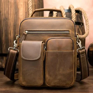 Men’s Vintage Brown Genuine Leather Crazy Horse Messenger Laptop Briefcase with Chains