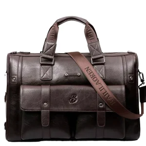 Men’s Vintage Business Messenger Leather Briefcase Waterproof Soft Bag Shoulder Bag Zipper for Office Laptop