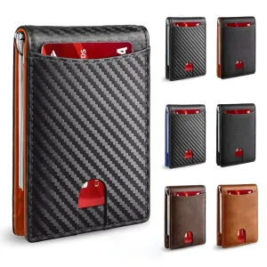 Men’s Vintage Carbon Fibre Leather Wallet RFID Blocking 10 Credit Card Holder 1 ID Window 2 Banknote Compartments Anti-Theft