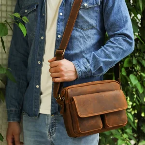 Men’s Vintage Crazy Horse Genuine Leather Shoulder Bag Flap Pocket Purse Crossbody Bags Leather Messenger Bag for Men