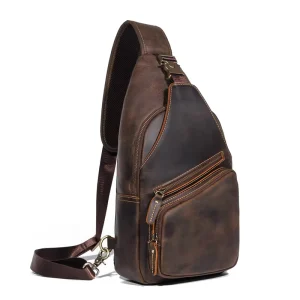Men’s Vintage Crazy Horse Leather Zipper Sports Chest Bag Multi Functional Shoulder Outdoor Large Capacity Messenger