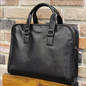 Men’s Vintage Crazy Horse PU Leather Soft Bag Waterproof Horizontal Briefcase Casual Shoulder Laptop Handheld Bag