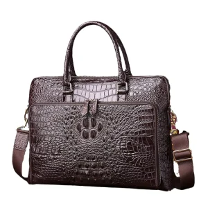 Men’s Vintage Crocodile Pattern Genuine Leather Waterproof Laptop Briefcase with Large Capacity for Office Use