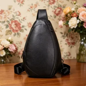 Men’s Vintage Fashion Genuine Leather Chest Sling Bag Zipper Closure Waterproof Durable Large Capacity Shoulder Bag