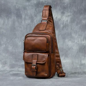 Men’s Vintage Fashion Sports Crossbody Shoulder Chest Bag Genuine Leather Vegetable Tanned Double Zipper Durable Large Capacity