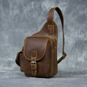 Men’s Vintage Genuine Leather Chest Shoulder Bag with Zipper Closure, Waterproof, Tear Resistant, Durable, Large