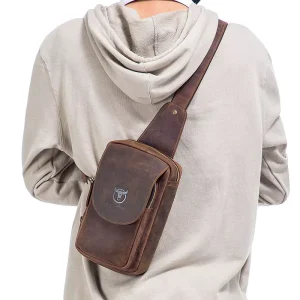 Men’s Vintage Genuine Leather Crazy Horse Crossbody Chest Bag Characters Pattern Durable Lightweight Luxury Casual Shoulder