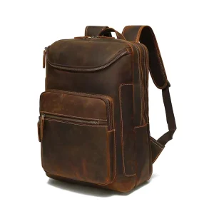 Men’s Vintage Genuine Leather Travel Laptop Backpack with Zipper Closure Waterproof 16 Inch for Business Use