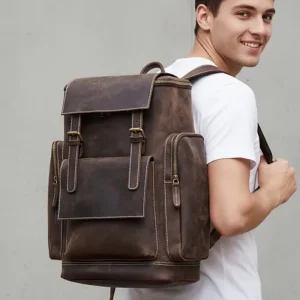 Men’s Vintage Genuine Leather Waterproof Backpack Bags Travel Rucksack with Large Capacity for Travel & Outdoor Adventures