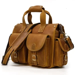 Men’s Vintage Handbag Genuine Leather Briefcase Crazy Horse Leather Laptop Bag Crossbody Shoulder Bag