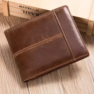 Men’s Vintage Leather Short Coin Wallet, Top Layer Cowhide, RFID Card Bag