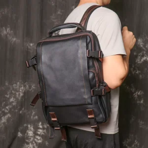 Men’s Vintage Multifunction Genuine Leather Backpack with Zipper Closure Laptop Sleeve Masculine Bolso Para Hombres