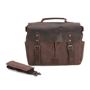 Men’s Vintage Oil Wax Canvas Messenger Bag Crazy Horse Leather Shoulder Briefcase with Zipper Closure