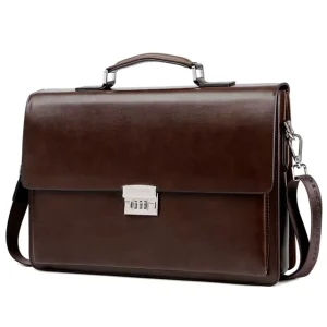 Men’s Vintage PU Business Briefcase 14 Inch Computer Bag with Password Lock Professional Work Shoulder Messenger Bag