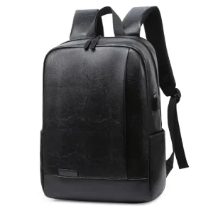 Men’s Vintage PU Charging Laptop Backpack with USB Waterproof Zipper Closure for Travel