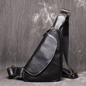 Men’s Vintage Style Genuine Leather Sling Bag Crossbody Chest Shoulder Bag for Casual Travel and Work