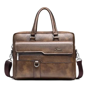 Men’s Vintage Style PU Briefcase Shoulder Bag Fashionable Crossbody Bag with Document and Laptop Features for Business