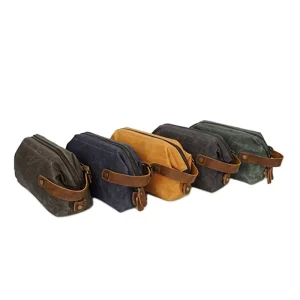 Men’s Vintage Style Portable Toiletry Bag Leather and Canvas Travel Accessories with Zipper Closure
