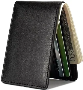 Men’s Wallet Top Grain Genuine Leather Bifold Slim Wallet with RFID Blocking and ID Windows