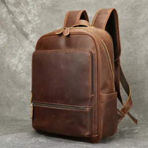 Men’s Waterproof 16 Inch Laptop Backpack Leather Travel Hiking Backpack Genuine Leather Backpack