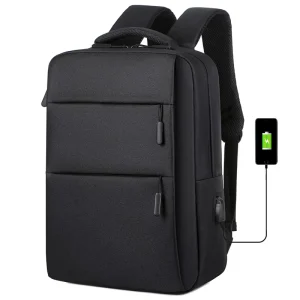 Men’s Waterproof Oxford Laptop Backpack with USB Charging Port Daily Business Travel Daypack Polyester Lining Zipper Closure