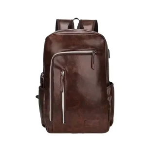 Men’s Waterproof PU Leather Backpack Fashionable Retro Style USB Flash Drive Brown 20-35L Daily Business Use