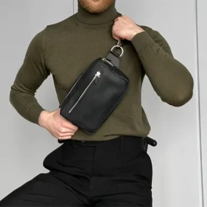 Men’s Waterproof PU Leather Crossbody Bag Plaid Business Travel Small Backpack Fashionable Messenger Bag