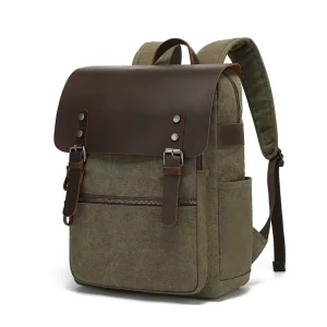 Men’s Women’s Retro Backpack Waterproof Canvas Travel Bag Genuine Leather Top Layer Cotton Lining Zipper Computer Friendly