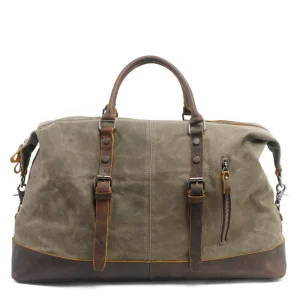Men’s & Women’s Waterproof Genuine Leather Canvas Duffle Bag Vintage Style Zipper Closure For Outdoor Business Travel Gift