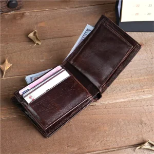 Men’s Yamo YM 9882 Large Capacity RFID Blocking Clutch Bag Coin Purse Multi Card Casual Vintage Brown Leather Wallet Open