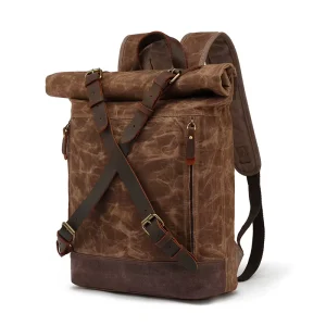 Men’s and Women’s Dual Shoulder Leisure Travel Bag Waterproof Canvas with Top Layer Cowhide Vintage Style Computer Backpack