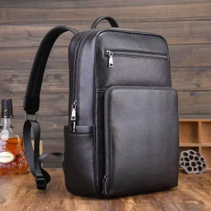 Men’s and Women’s Top Grain Genuine Leather Bag Business Cowhide Black Leather Laptop School Backpack Bag