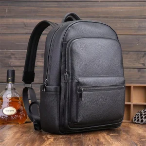 Men’s and Women’s Top Grain Genuine Leather Business Backpack Black Laptop School Bag