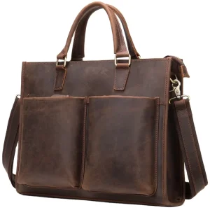 Men’s brand genuine leather briefcase large capacity retro crazy horse leather handbag multifunctional customizable bag