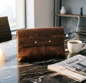Minimalist Normcore Genuine Leather Men’s Clutch Bag Flap Closure Vintage Brown Business Handbag