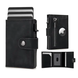 Minimalist Trifold Mens Metal Wallet with Air Tag Slot and Zipper Coin Pocket Smart Automatic Pop up Aluminum Card Holder Purse