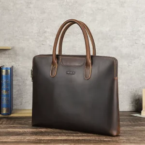 Mininalist Slim Crazy Horse Leather 14.2” Laptop Bag For Men Office Business Travel With Trolly Strap Front Phone Slot