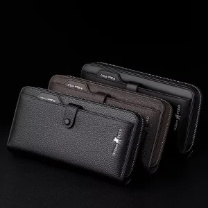 Mobile Leather Wallet, Business Anti-theft Long Purse, Credit Card Bag, Alloy Zipper, Folding Clutch Bag, Men’s Wallet