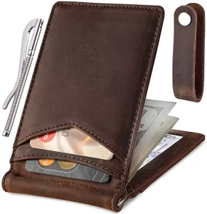 Money Clip Leather Wallet for Men Leather RFID Money Clip Slim Wallet With Leather Keychain