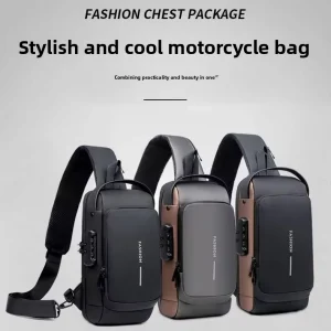 Motorcycle Bag Men’s Large Capacity Chest Crossbody Backpack PU Password Lock Anti theft USB Interface Durable Fashion Sports