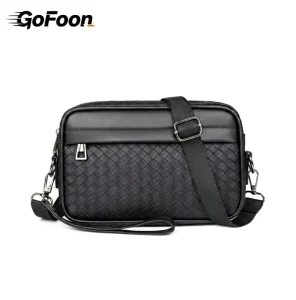 Multi Functional Black Woven Leather Crossbody Bag Men’s Fashion Shoulder Bag Custom Logo PU Leather Messenger Bag for Men