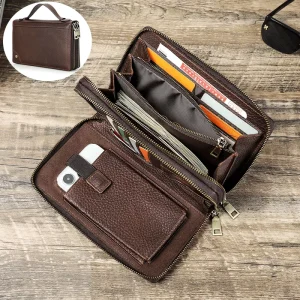 Multi-Functional RFID Travel Wallet Men Full Grain Leather Clutch Bag for Phone Passport Pen Organizer Multi-Card Slot