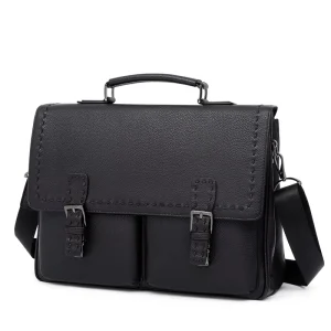 Multi-Pocket Men’s Business Soft Bag Satchel Cowhide Genuine Leather Shoulder Messenger Crossbody Laptop Bag for 15-Inch