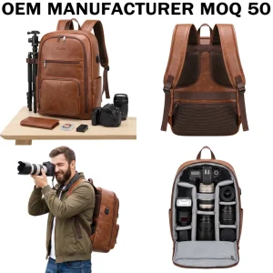 Multi-functional Men’s Camera Backpack Factory Custom Premium Vegan Leather DSLR Mirrorless Camera Bag with USB Charging Port