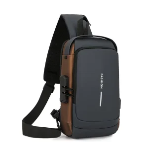 Multifunction Outdoor Sports Large Capacity PU Leather Anti-Theft Lock USB Crossbody Sling Chest Bag for Man Waterproof