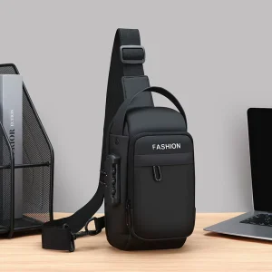 Multifunctional Men’s Casual Shoulder Messenger PU Bag Combination Lock Waterproof Anti-Theft Zipper Closure USB Feature Car