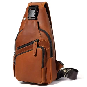 New Arrival High Quality Luxury Men’s Vintage Brown Full Grain Crazy Horse Cow Leather Cross Body Sports Chest Bag