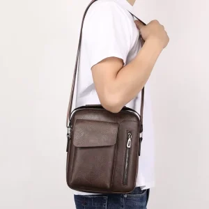 New Arrival Vintage Sling Shoulder Crossbody Tote Bag Mobile Phone Pocket Simple Fashion Durable PU Leather Zipper Closure Man