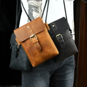 New Genuine Leather Men’s Vintage Casual Outdoor Sports Durable Expanded Button Closure Mobile Phone Messenger Bag